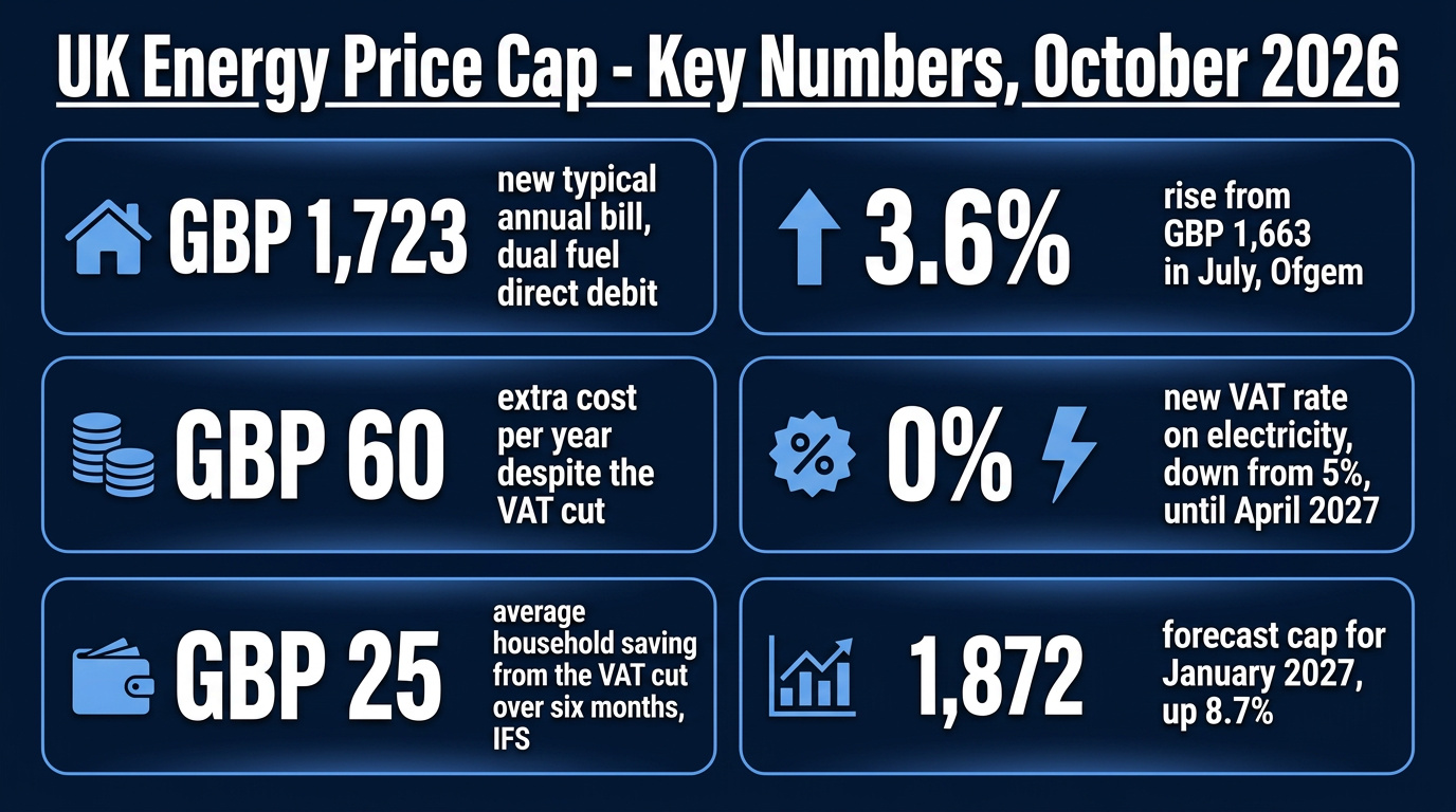 UK energy price cap key numbers October 2026: £1,723 typical bill, 3.6% rise, £60 extra, 0% VAT, and £1,872 January forecast