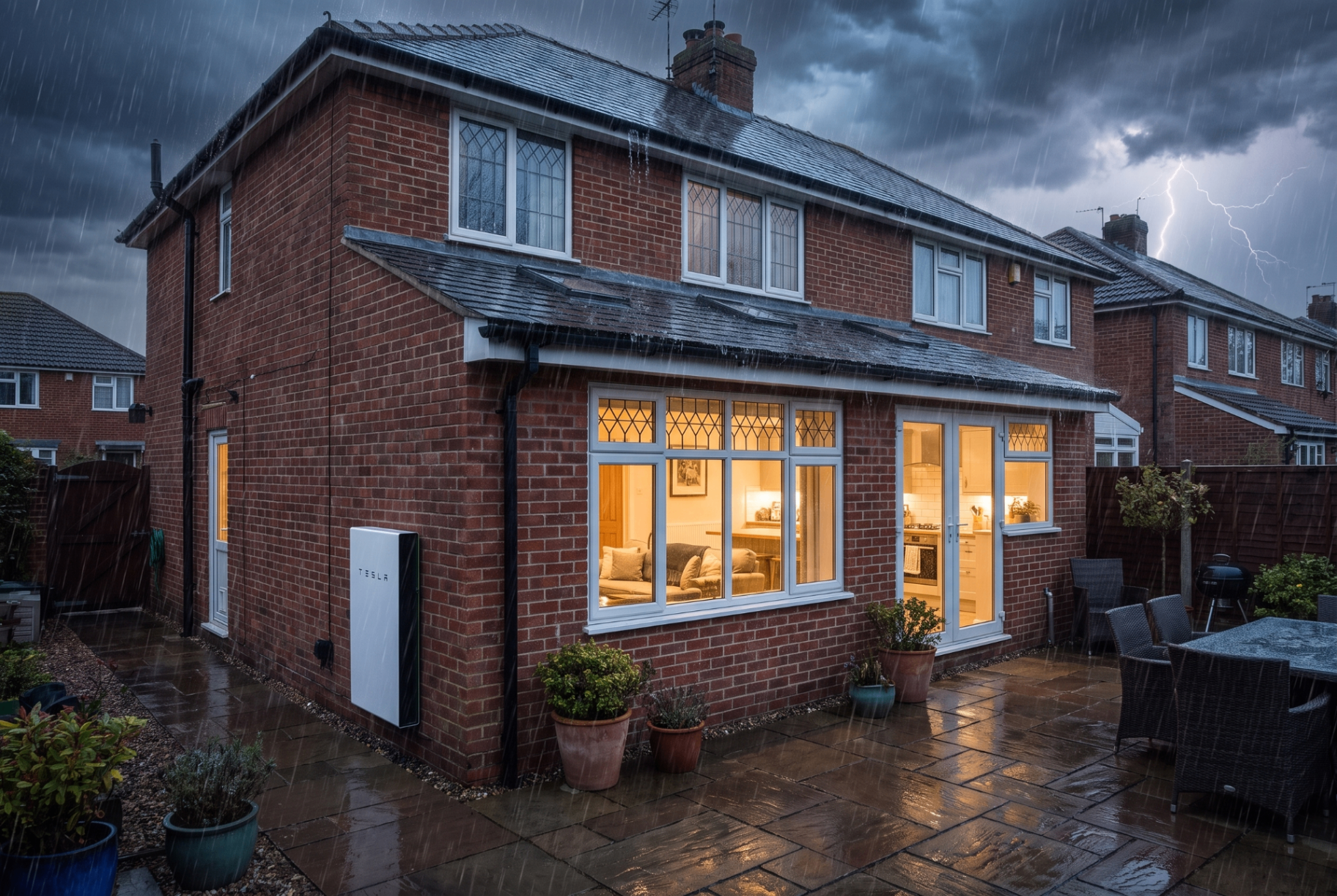 Tesla Powerwall 3 mounted on the exterior wall of a UK home during a rainstorm, keeping the lights on
