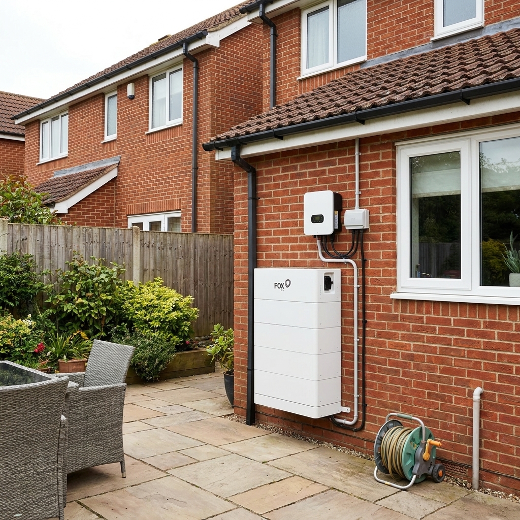 Fox ESS battery storage and inverter installed on a UK home exterior