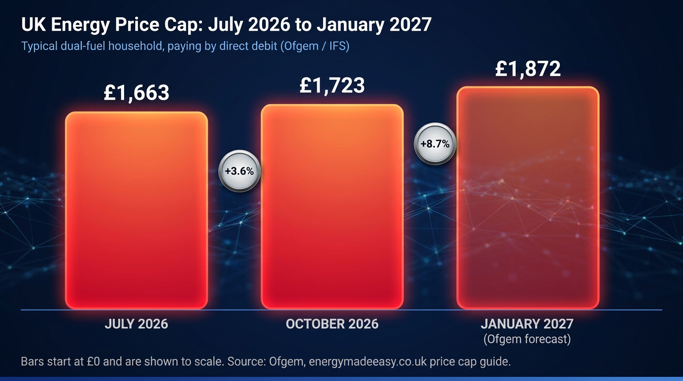 UK energy price cap timeline: July 2026 £1,663, October 2026 £1,723 (+3.6%), and January 2027 forecast £1,872 (+8.7%)