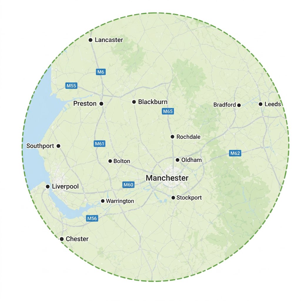 Map of the 50-mile North West coverage area for the 100 Home Programme