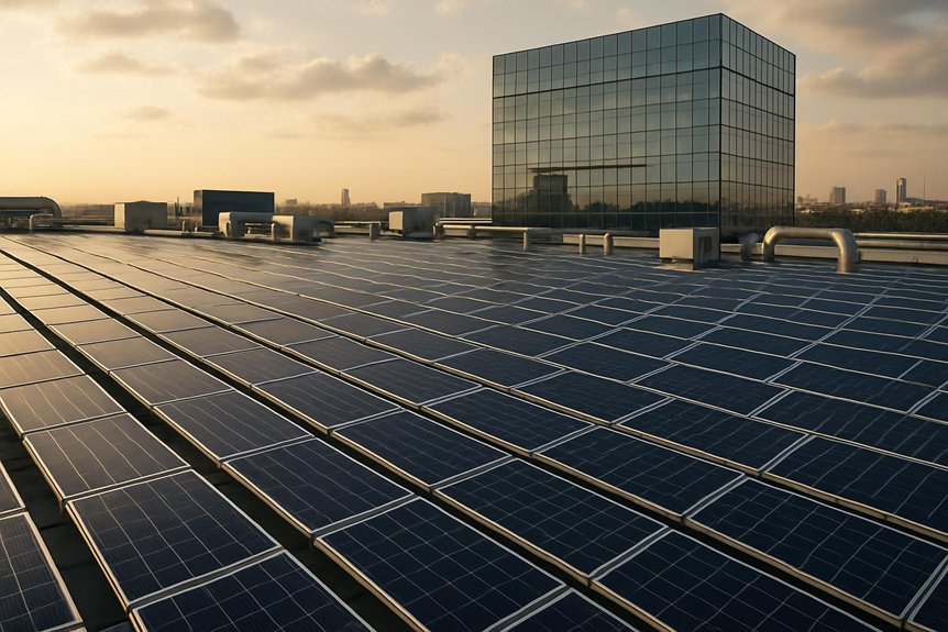 Solar panels installed on a commercial building rooftop