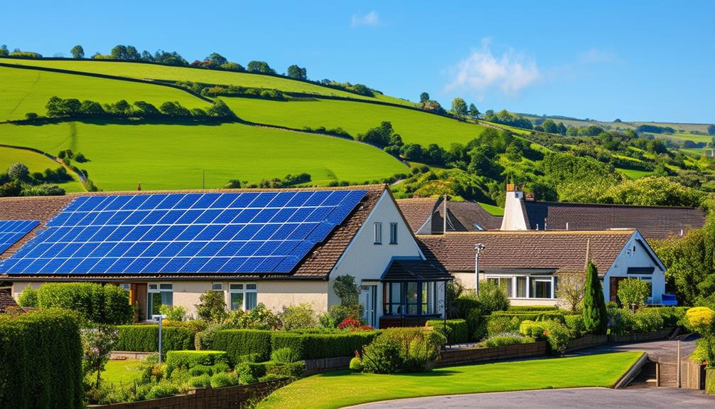 Residential neighborhood with solar panels on rooftops, lush green hills in the background, showcasing sustainable energy solutions in Moston.