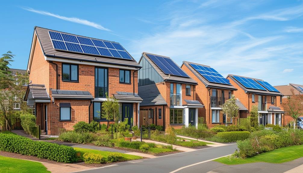 Modern homes with solar panels on rooftops in a residential area, showcasing eco-friendly energy solutions in the UK.