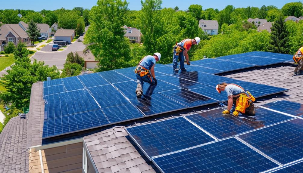 Solar panel installation by technicians on a residential rooftop in a green, sunny neighborhood, showcasing MCS-certified solar solutions for energy efficiency.