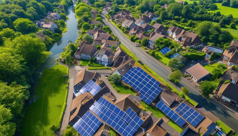 Aerial view of residential area in Kearsley featuring multiple rooftops equipped with solar panels, surrounded by lush greenery and a winding river, highlighting the benefits of solar energy installations.