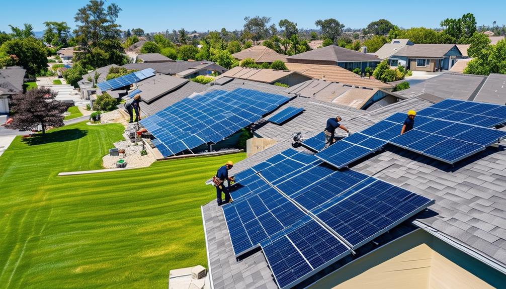 Workers installing solar panels on rooftops in a residential area, showcasing a sustainable energy solution for homes in Halfway, Sheffield.