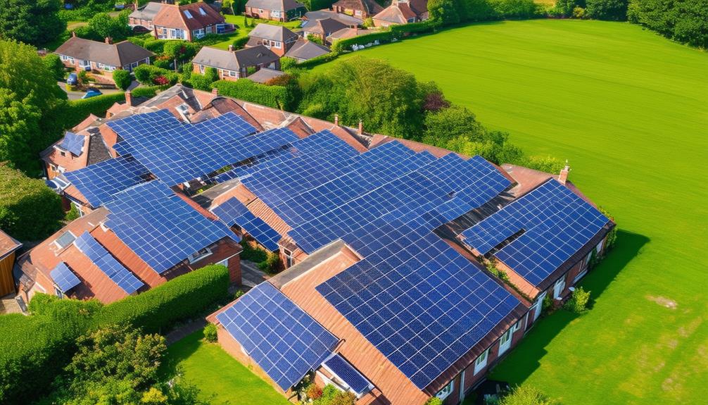Aerial view of residential buildings in Cadishead with extensive solar panel installations on rooftops, showcasing renewable energy solutions by Greentech Renewables.