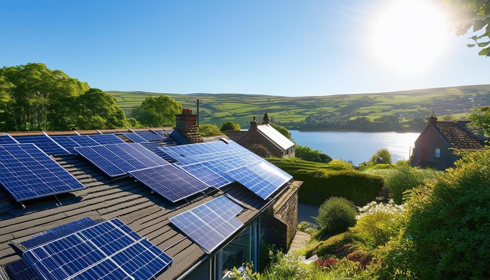 Solar panels installed on rooftops in a scenic Waterhead landscape, showcasing sustainable energy solutions with sunlight reflecting off the panels and lush greenery surrounding residential homes.