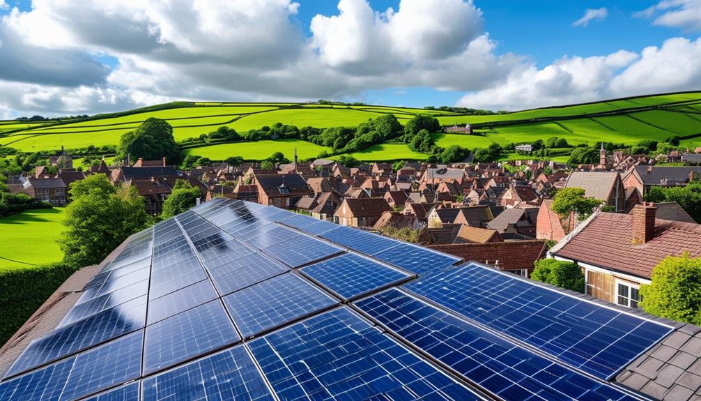 Solar panels on a rooftop overlooking a picturesque village and lush green hills, illustrating renewable energy solutions in Oldham.