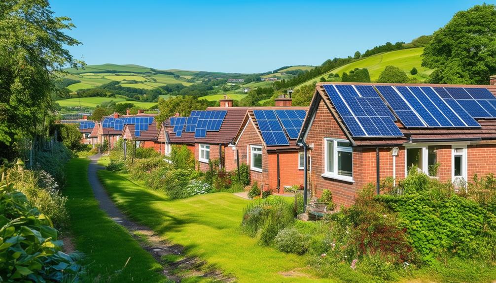 Row of houses with solar panels on rooftops, surrounded by greenery and hills, illustrating sustainable energy solutions in Hopwood.