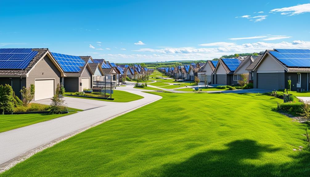 Residential neighborhood in Werneth with homes featuring solar panels, lush green lawns, and clear blue skies, showcasing renewable energy solutions.