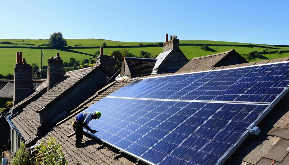 Solar panel installer working on a roof with solar panels, showcasing renewable energy solutions in a residential setting, surrounded by green hills.