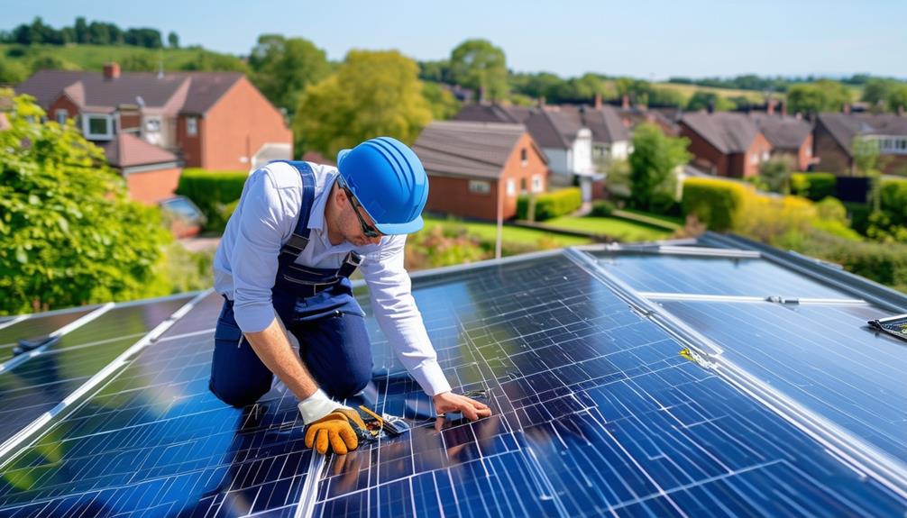 Solar panel installer working on photovoltaic panels on a residential roof in West Royd, showcasing energy solutions and renewable energy services.