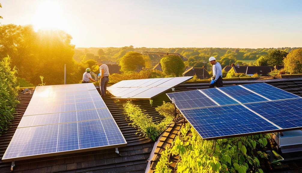 Two installers working on solar panel installation on a rooftop during sunset, showcasing solar energy solutions in Rawmarsh.