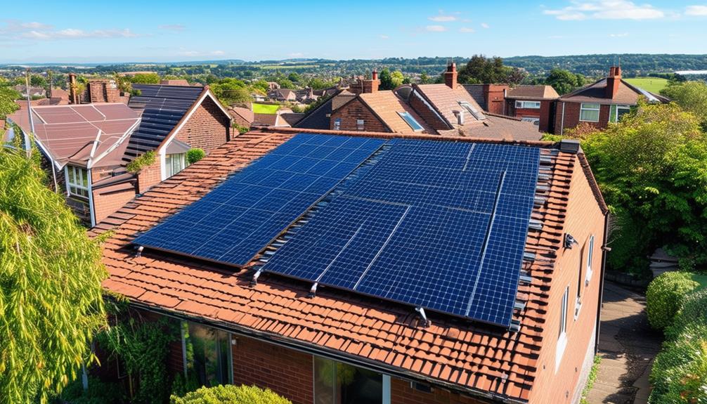 Roof with solar panels installed, showcasing a residential solar energy solution in Armley, surrounded by homes and greenery, emphasizing local solar panel installation services by Greentech Renewables Ltd.