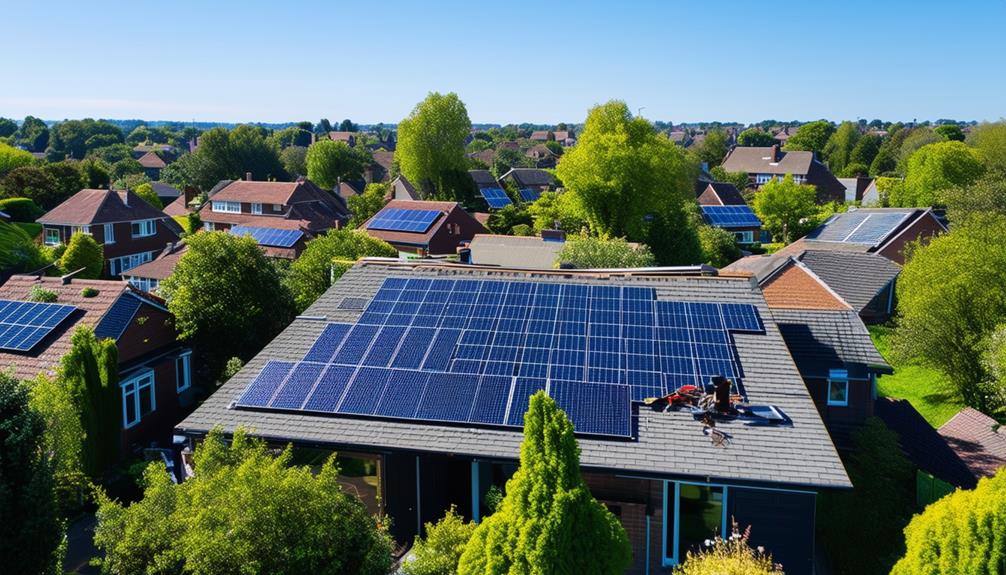 Aerial view of a residential roof in Brooklands with multiple solar panels installed, showcasing a sustainable energy solution in a suburban setting.