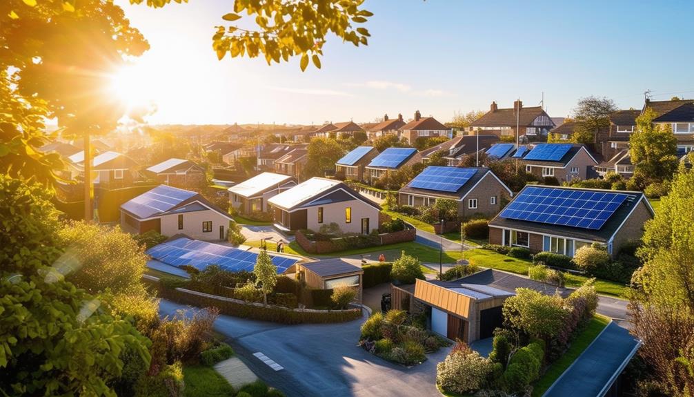 Residential neighborhood with solar panels on rooftops, showcasing energy-efficient homes in Blundellsands, emphasizing solar power adoption for sustainable living.