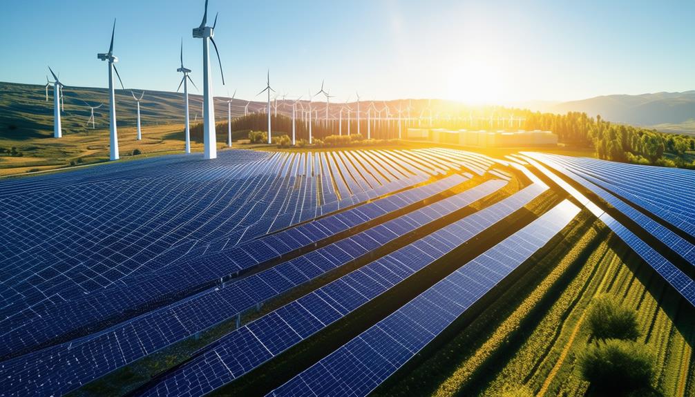Solar panels and wind turbines in a renewable energy landscape, showcasing energy efficiency and sustainability solutions.
