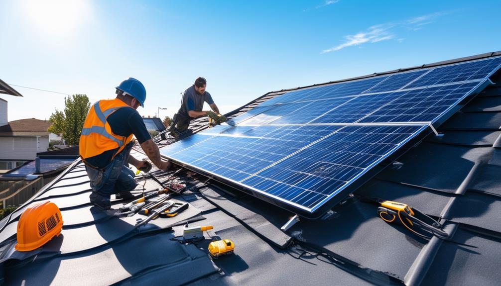 Two technicians installing high-efficiency solar panels on a residential roof, showcasing sustainable energy solutions for enhanced energy efficiency.