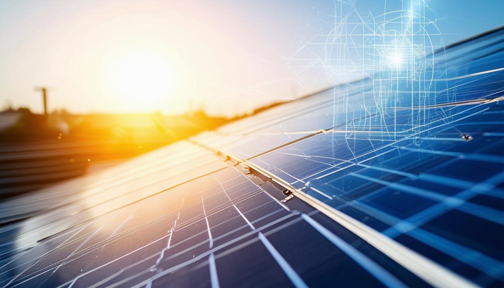 Solar panels with photovoltaic cells reflecting sunlight, illustrating energy production and electricity generation from solar energy.