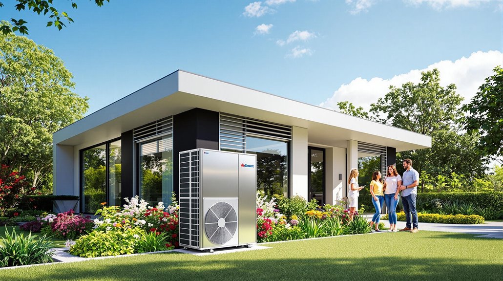 Air source heat pump installed outside a modern home with a family discussing its benefits amidst a landscaped garden.