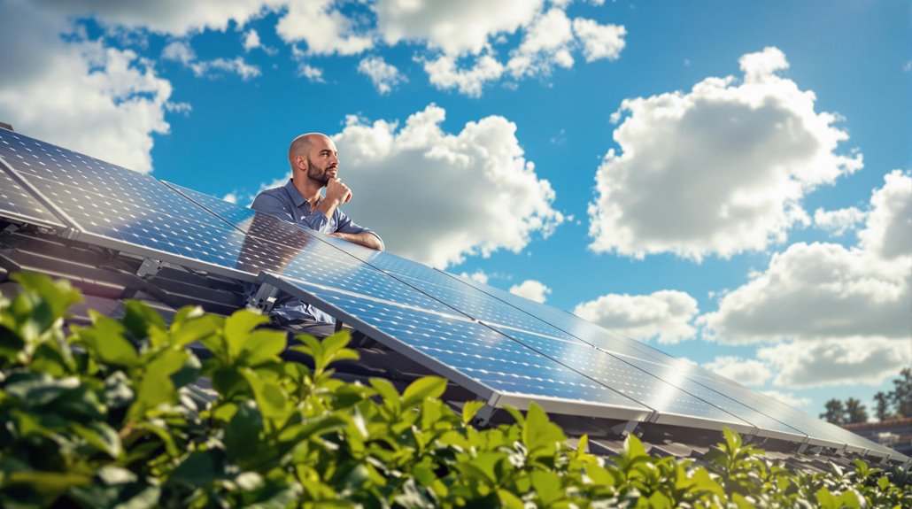 Man contemplating next to solar panels under a blue sky with clouds, illustrating Martin Lewis's insights on solar energy investments and financial benefits.