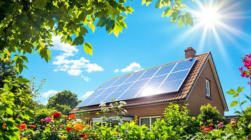 Solar panels on a house roof surrounded by greenery and colorful flowers, under a bright blue sky, illustrating solar energy potential for UK homes.