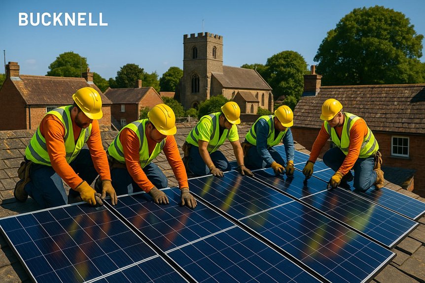 Workers installing solar panels on a rooftop in Bucknell, showcasing high-efficiency monocrystalline panels with a church and residential buildings in the background.