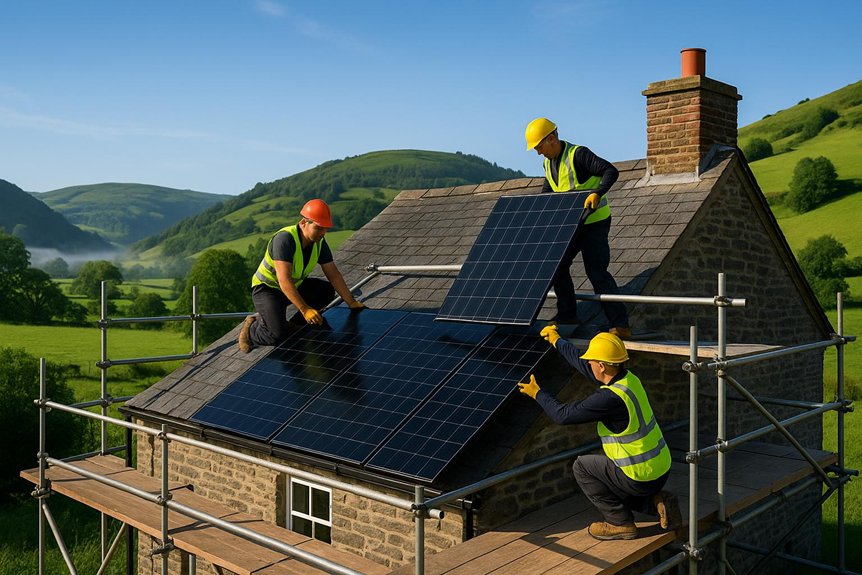 Three workers installing solar panels on a house roof in Builth Wells, surrounded by green hills, emphasizing solar energy solutions and installation services.