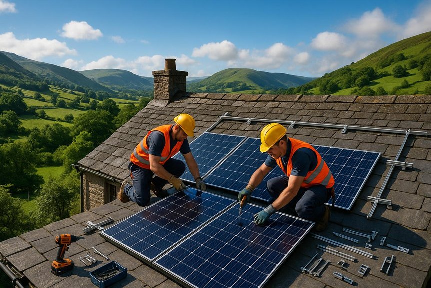 Two workers installing solar panels on a roof in Llanwrtyd Wells, surrounded by green hills and blue skies, showcasing renewable energy solutions for local energy savings.